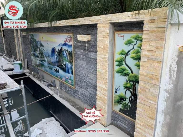 Đá ốp tường sân vườn phối đá ghép đen và đá ghép vàng