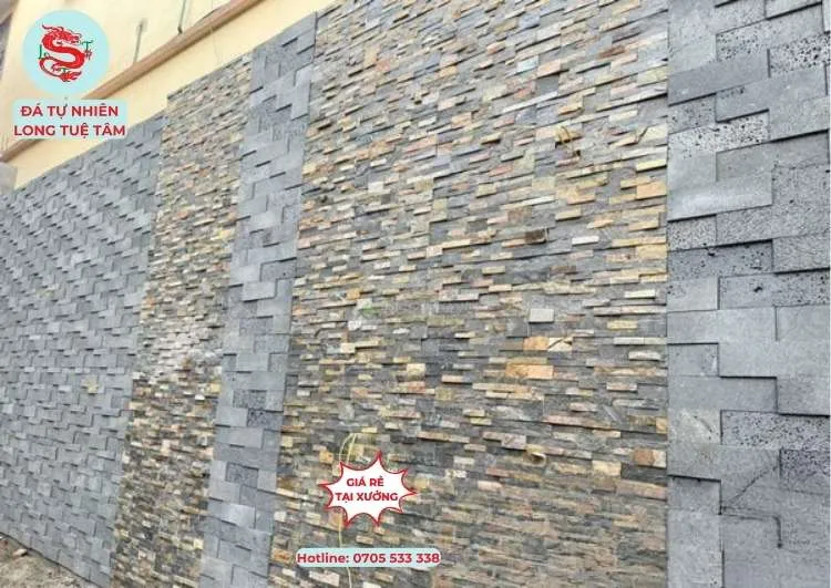 mẫu đá ốp tường mặt tiền với đá ghép vàng đen